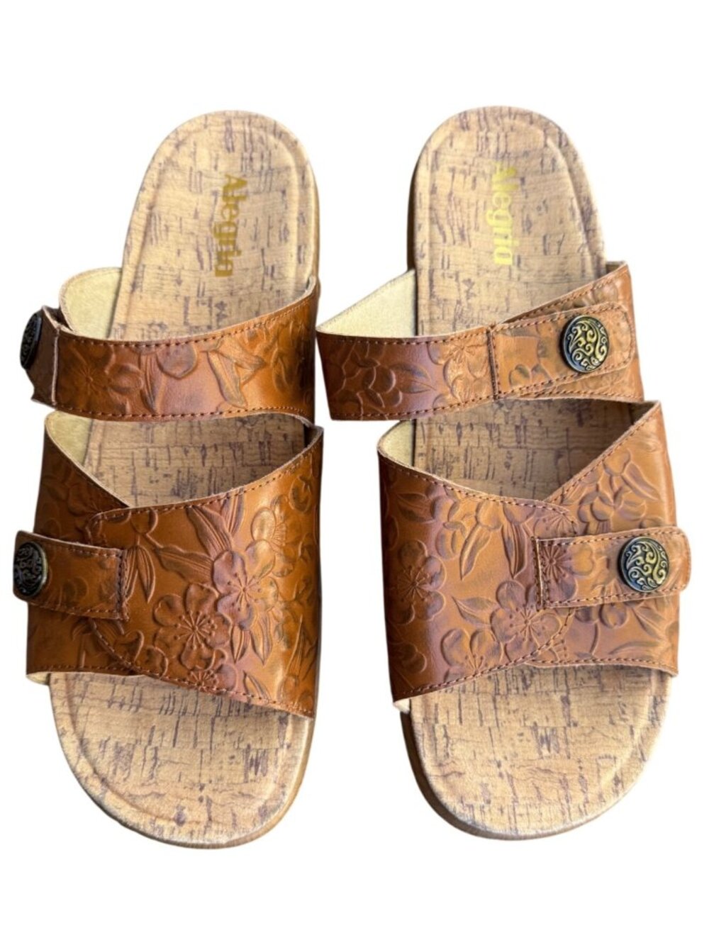 Alegria Embossed Brown Leather Slip-On Sandals 41 US10.5  With Adjustable Straps